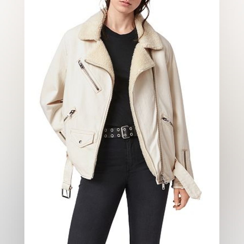 AllSaints Oversized Denim Biker Jacket With ChunkyZips and Faux Sherpa Lining 00